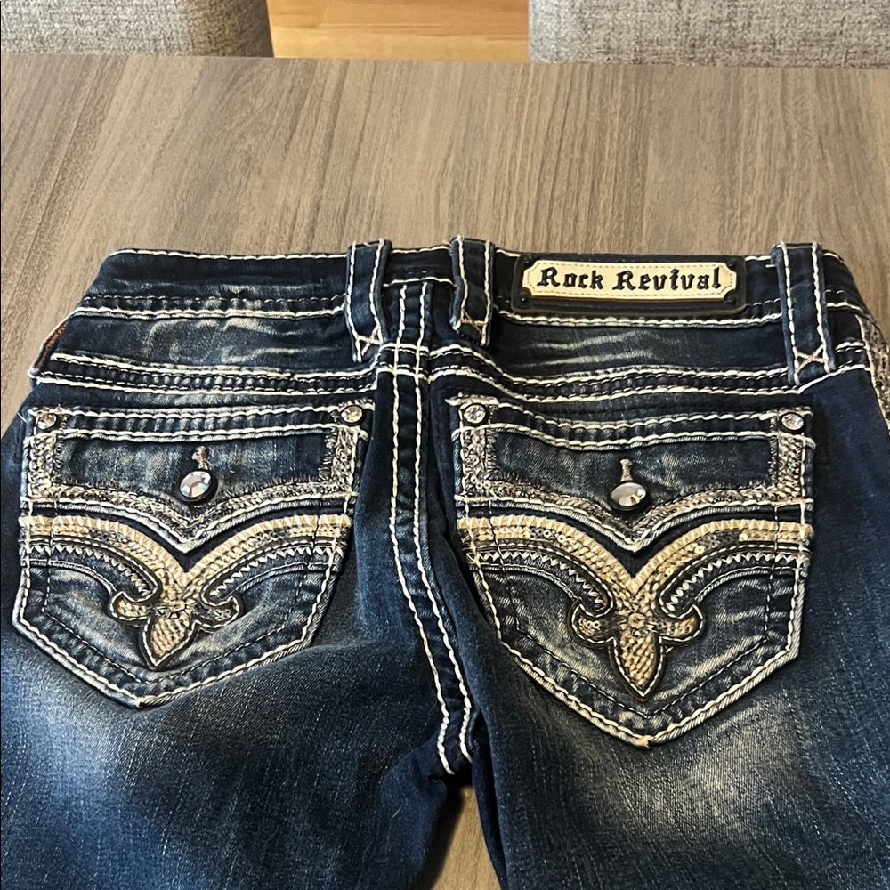 Rock Revival Dark Blue Boot Cut Jeans with White Stitching